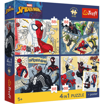 Puzzle Premium Plus Kids, Marvel 4 x 88 el. Sieć zabawy + kolekcjonerski plakat - opakowanie 