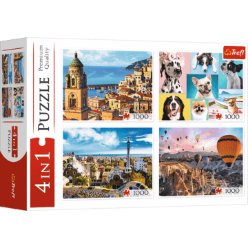 Puzzle 4x1000 el. Amalfi, Barcelona, Balony i Pieski