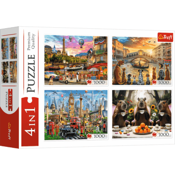 Puzzle 4x1000 el. Malowane miasta i Kapibary